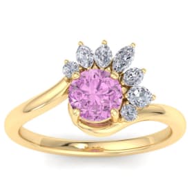 Retrograde Birthstones™ 1 1/4 Carat Pink Topaz and Marquise Crown Halo Diamond Ring In 14K Yellow Gold