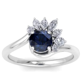 Retrograde Birthstones™ 1 1/4 Carat Sapphire and Marquise Crown Halo Diamond Ring In 14K White Gold