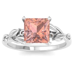 Retrograde Birthstones™ 1-1/2 Carat Princess Shape Morganite Ornate Ring In 14K White Gold