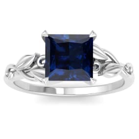 Retrograde Birthstones™ 1 1/2 Carat Princess Shape Sapphire Ornate Ring In 14K White Gold