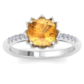 Retrograde Birthstones™ 1 1/2 Carat Cushion Cut Citrine and Diamond Ring In 14K White Gold