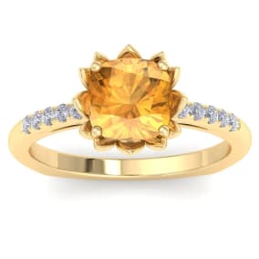 Retrograde Birthstones™ 1 1/2 Carat Cushion Cut Citrine and Diamond Ring In 14K Yellow Gold