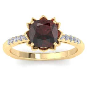 Retrograde Birthstones™ 1 1/2 Carat Cushion Cut Garnet and Diamond Ring In 14K Yellow Gold