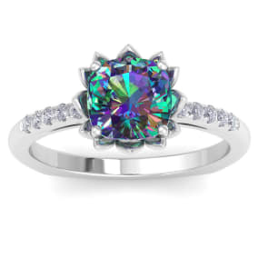 Retrograde Birthstones™ 1-1/2 Carat Cushion Shape Mystic Topaz Ring and Diamonds In 14 Karat White Gold