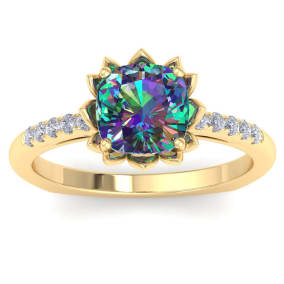 Retrograde Birthstones™ 1-1/2 Carat Cushion Shape Mystic Topaz Ring and Diamonds In 14 Karat Yellow Gold
