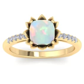 Retrograde Birthstones™ 1-1/2 Carat Cushion Cut Opal and Diamond Ring In 14K Yellow Gold