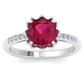 Retrograde Birthstones™ 1 1/2 Carat Cushion Cut Ruby and Diamond Ring In 14K White Gold