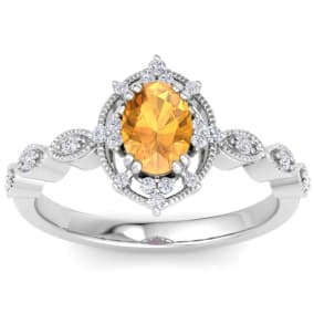 Retrograde Birthstones™ 1 Carat Citrine and Halo Diamond Ring In 14K White Gold