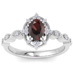 Retrograde Birthstones™ 1 Carat Garnet and Halo Diamond Ring In 14K White Gold