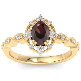 Retrograde Birthstones™ 1 Carat Garnet and Halo Diamond Ring In 14K Yellow Gold