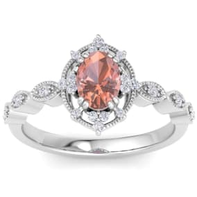 Retrograde Birthstones™ 1 Carat Morganite and Halo Diamond Ring In 14K White Gold