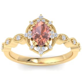 Retrograde Birthstones™ 1 Carat Morganite and Halo Diamond Ring In 14K Yellow Gold