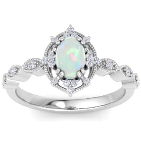 Retrograde Birthstones™ 1 Carat Opal Ring with Fancy Halo Diamonds In 14K White Gold