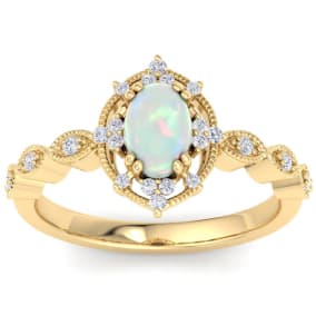 Retrograde Birthstones™ 1 Carat Opal Ring with Fancy Halo Diamonds In 14K Yellow Gold