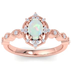 1 Carat Opal Ring with Fancy Halo Diamonds In 14K Rose Gold