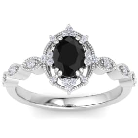 Retrograde Birthstones™ 1 Carat Oval Shape Black Diamond Engagement Ring In 14K White Gold