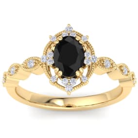 Retrograde Birthstones™ 1 Carat Oval Shape Black Diamond Engagement Ring In 14K Yellow Gold