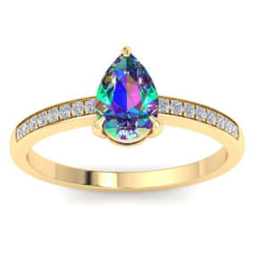 Retrograde Birthstones™ 1-1/4 Carat Pear Shape Mystic Topaz Ring and Diamonds In 14 Karat Yellow Gold