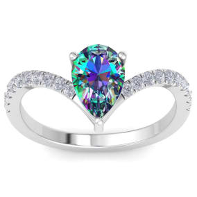 Retrograde Birthstones™ 2-1/3 Carat Pear Shape Mystic Topaz Ring and Diamonds In 14 Karat White Gold