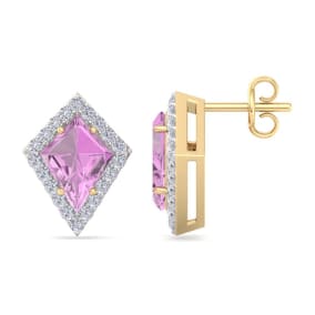 Retrograde Birthstones™ 2 1/5 Carat Kite Shape Pink Topaz and Diamond Earrings In 14K Yellow Gold