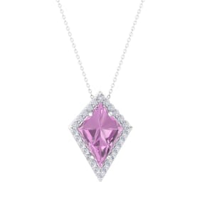 Retrograde Birthstones™ 1 3/4 Carat Kite Shape Pink Topaz and Diamond Necklace In 14K White Gold