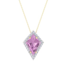 Retrograde Birthstones™ 1 3/4 Carat Kite Shape Pink Topaz and Diamond Necklace In 14K Yellow Gold