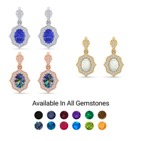 Retrograde Birthstones™ 1 3/4 Carat Oval Shape Gemstone Earrings and Diamond Halo Dangles In 14 Karat White Gold and Yellow Gold
