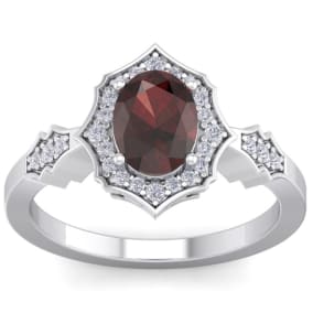 Retrograde Birthstones™ 1 1/2 Carat Oval Shape Garnet and Halo Diamond Ring In Sterling Silver