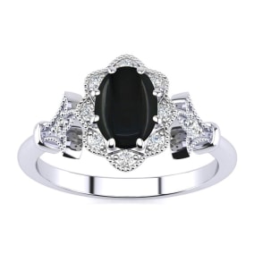 Retrograde Birthstones™ 1 Carat Oval Shape Black Onyx and Halo Diamond Ring In Sterling Silver