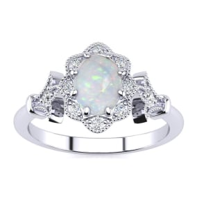 Opal Ring: 1 Carat Oval Shape Created Opal and Halo Diamond Ring In Sterling Silver