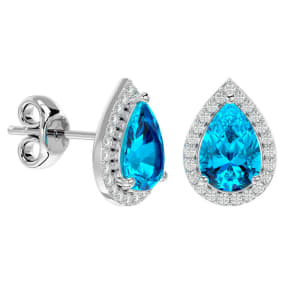Retrograde Birthstones™ 3 Carat Pear Shape Blue Topaz and Halo Diamond Earrings In Sterling Silver