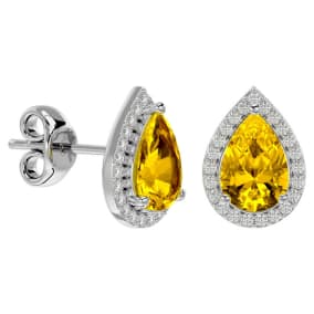 Retrograde Birthstones™ 3 Carat Pear Shape Citrine and Halo Diamond Earrings In Sterling Silver