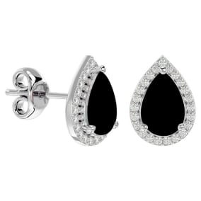 Retrograde Birthstones™ 3 Carat Pear Shape Black Onyx and Halo Diamond Earrings In Sterling Silver