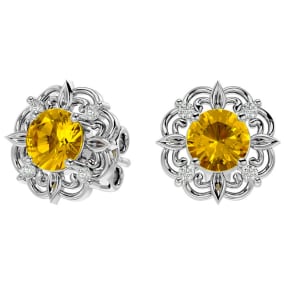 Retrograde Birthstones™ 2 Carat Citrine and Diamond Antique Stud Earrings In Sterling Silver