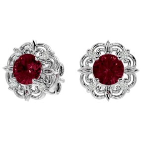 Retrograde Birthstones™ 2 Carat Garnet and Diamond Antique Stud Earrings In Sterling Silver