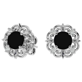 Retrograde Birthstones™ 2 Carat Black Onyx and Diamond Antique Stud Earrings In Sterling Silver