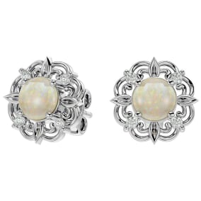 Retrograde Birthstones™ 2 Carat Opal and Diamond Antique Stud Earrings In Sterling Silver