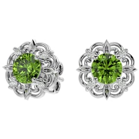 Retrograde Birthstones™ 2 Carat Peridot and Diamond Antique Stud Earrings In Sterling Silver