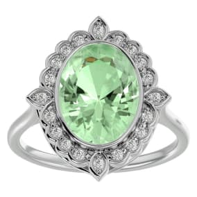 Retrograde Birthstones™ 1 1/4 Carat Oval Shape Green Amethyst and Halo Diamond Ring In 14 Karat White Gold