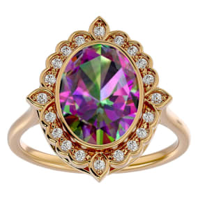 Retrograde Birthstones™ 1-1/4 Carat Oval Shape Mystic Topaz Ring With Diamond Halo In 14 Karat Yellow Gold