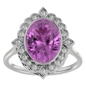 Retrograde Birthstones™ 1 3/4 Carat Oval Shape Pink Topaz and Halo Diamond Ring In 14 Karat White Gold