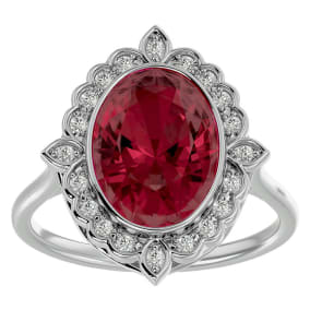 Retrograde Birthstones™ 1 3/4 Carat Oval Shape Garnet and Halo Diamond Ring In 14 Karat White Gold