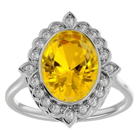 Retrograde Birthstones™ 1 1/4 Carat Oval Shape Citrine and Halo Diamond Ring In 14 Karat White Gold