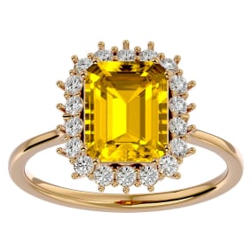 2 1/3 Carat Citrine and Halo Diamond Ring In 14K Yellow Gold