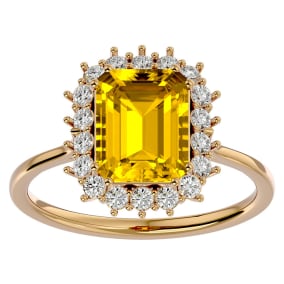 Retrograde Birthstones™ 2 1/3 Carat Citrine and Halo Diamond Ring In 14K Yellow Gold