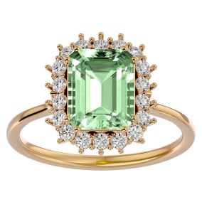 Retrograde Birthstones™ 2 1/3 Carat Green Amethyst and Halo Diamond Ring In 14K Yellow Gold