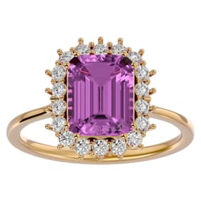 Retrograde Birthstones™ 3 Carat Pink Topaz and Halo Diamond Ring In 14K Yellow Gold