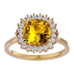 Retrograde Birthstones™ 2 1/2 Carat Cushion Cut Citrine and Halo Diamond Ring In 14K Yellow Gold