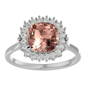 Retrograde Birthstones™ 3-1/2 Carat Cushion Cut Morganite and Halo Diamond Ring In 14K White Gold
