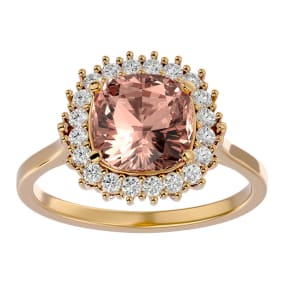 3-1/2 Carat Cushion Cut Morganite and Halo Diamond Ring In 14K Yellow Gold